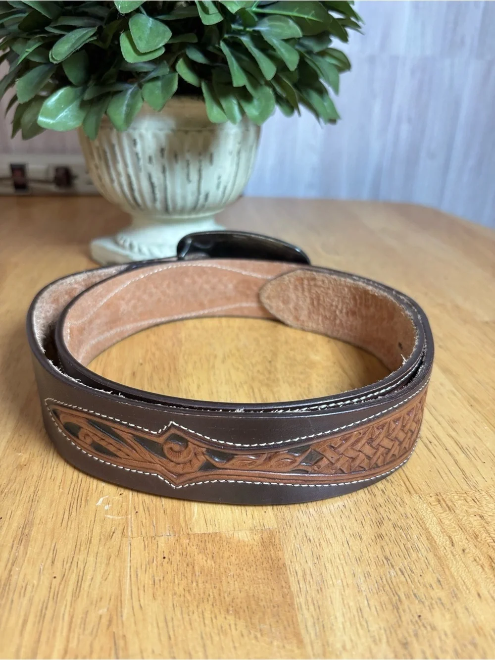 Justin Tooled Leather Belt Enamel Aztec Calendar Buckle Made in Mexico Western